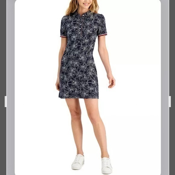 Tommy Hilfiger Cotton Printed Puff-Sleeve Polo Dress in Sky Captain/Bright White - Picture 1 of 10